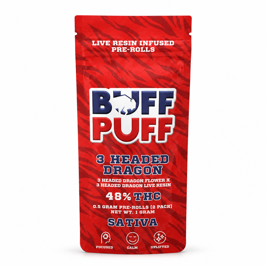 Buff Puff | Live Resin Infused Preroll | 0.5g 2pk | 3 Headed Dragon